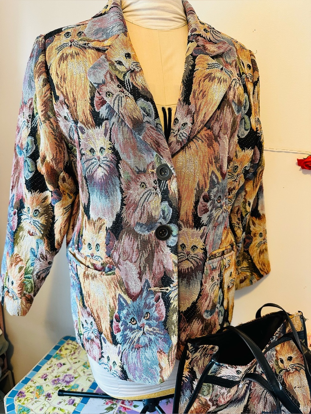 Vintage Multicolor Cat Tapestry Blazer & Matching Tote Bag Set - Picture 7 of 16